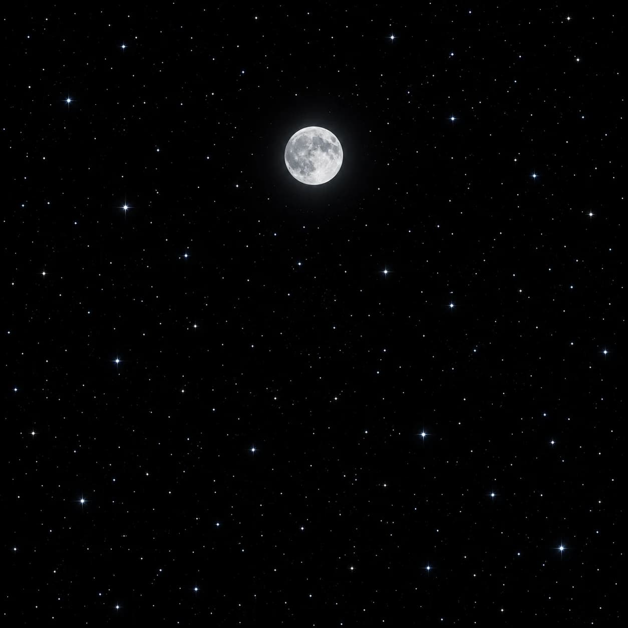 A bright moon in a black, star-filled night sky