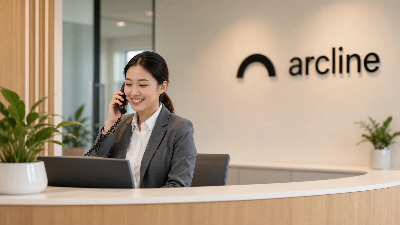 Receptionist answering a patient call at an Arcline clinic front desk