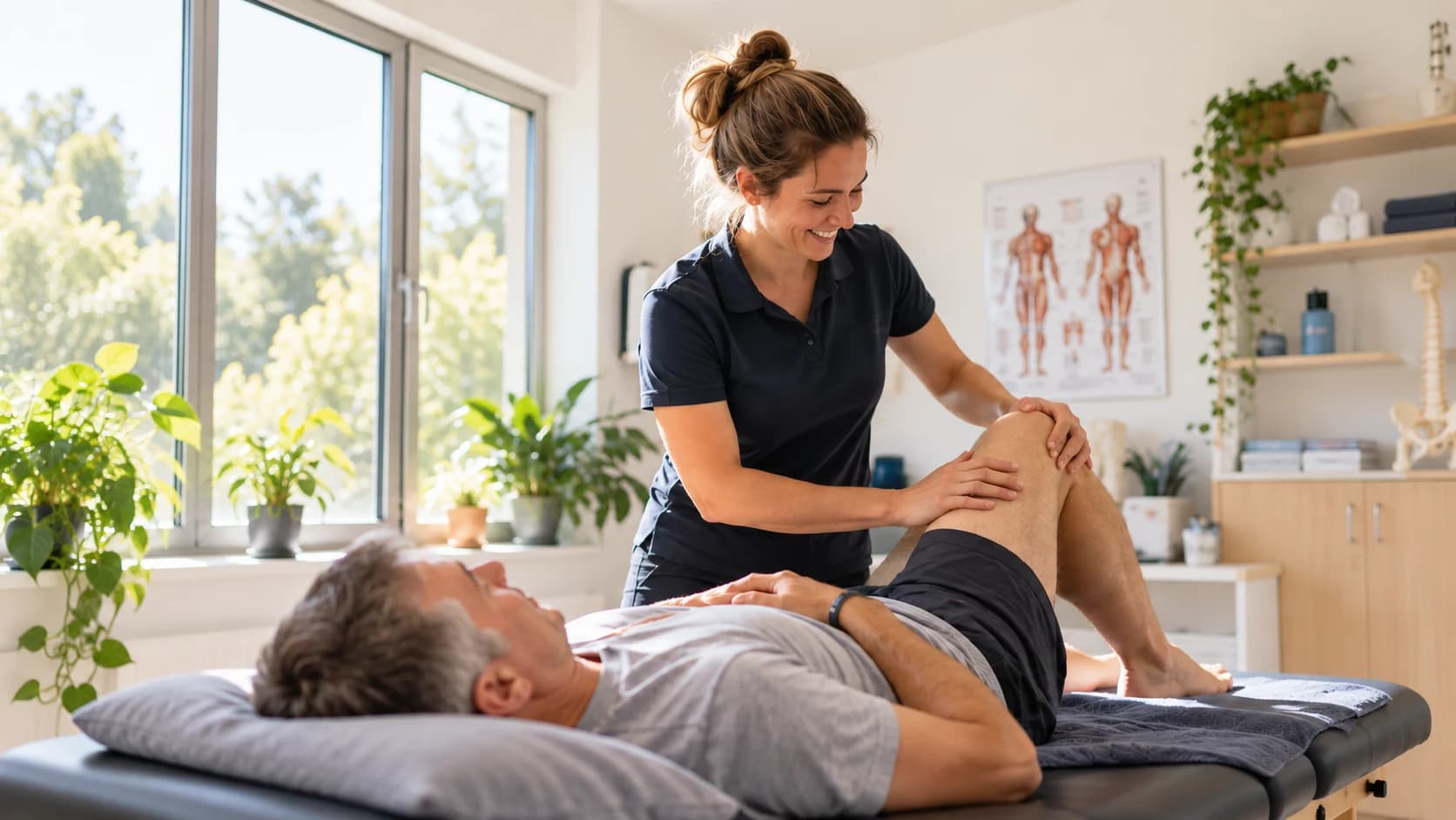 Physiotherapist assisting a patient in a bright treatment room